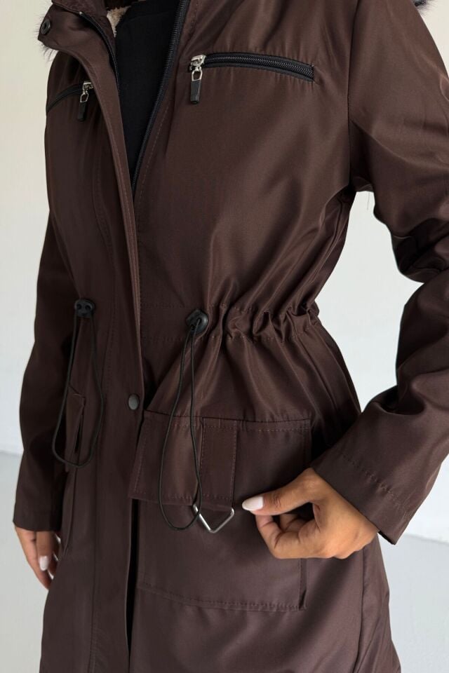 Bondit Kapüşonlu İçi Kürk Astarlı Mont Taba KS2538 M - Kahverengi