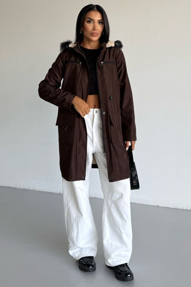 Bondit Kapüşonlu İçi Kürk Astarlı Mont Taba KS2538 M - Kahverengi