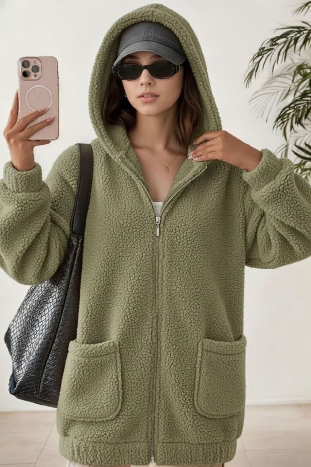 Peluş Kuzu Kıvırcık Torba Cepli Kolej Mont Siyah KS2526 Çağla Yeşili - 3XL