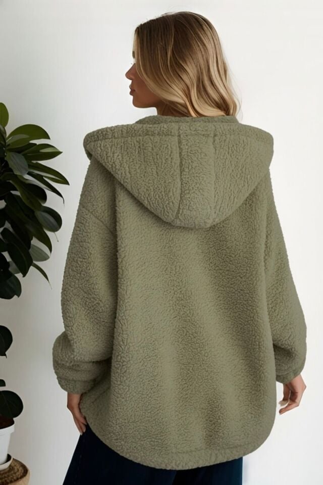 Peluş Kuzu Kıvırcık Torba Cepli Kolej Mont Siyah KS2526 Çağla Yeşili - 3XL