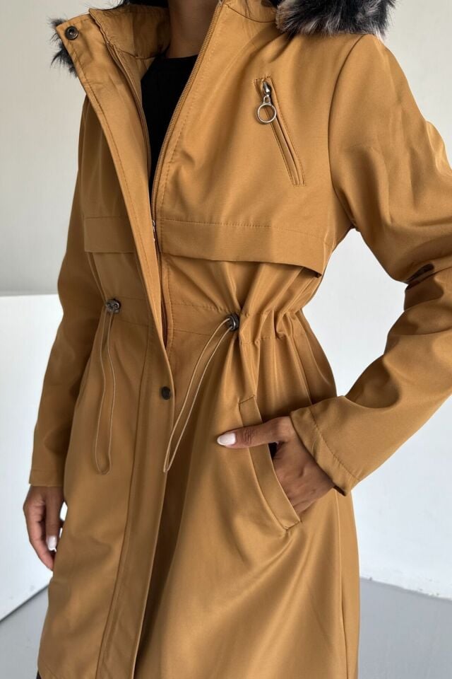 Bondit Kapüşonlu İçi Kürk Astarlı Fermuarlı Mont Taba KS2539 XS - Hardal