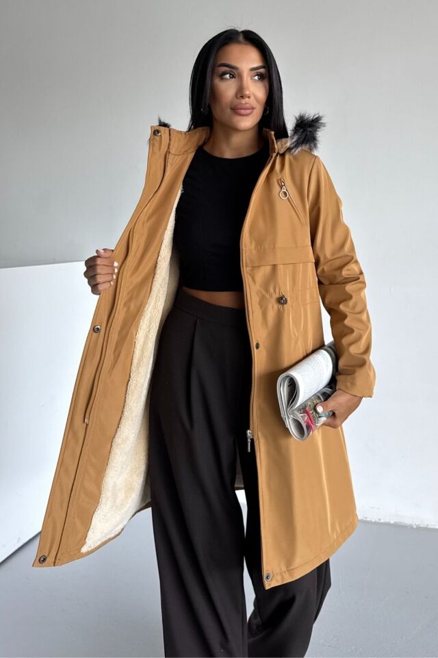 Bondit Kapüşonlu İçi Kürk Astarlı Fermuarlı Mont Taba KS2539 XS - Hardal