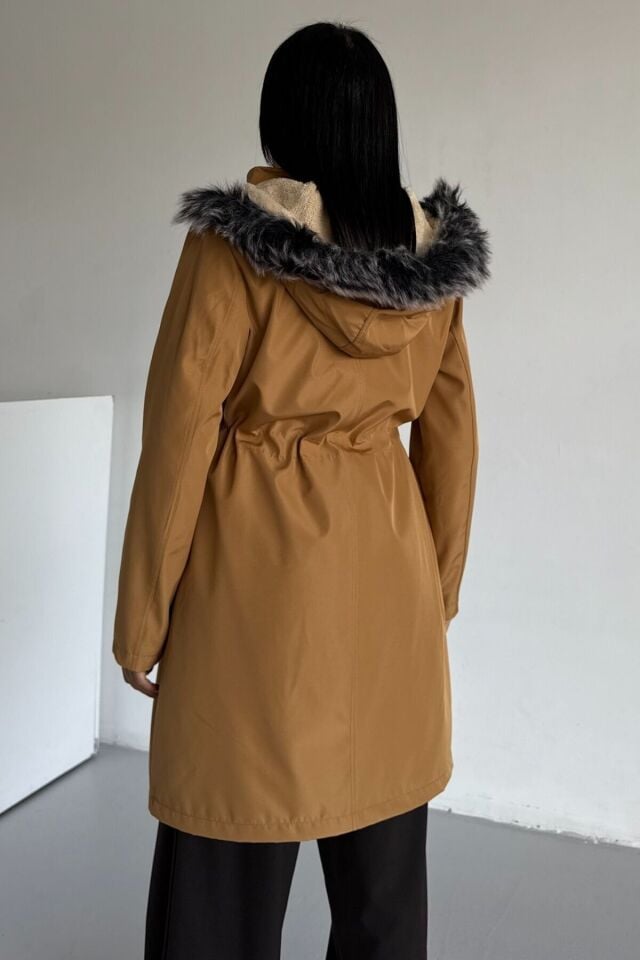 Bondit Kapüşonlu İçi Kürk Astarlı Fermuarlı Mont Taba KS2539 XS - Hardal