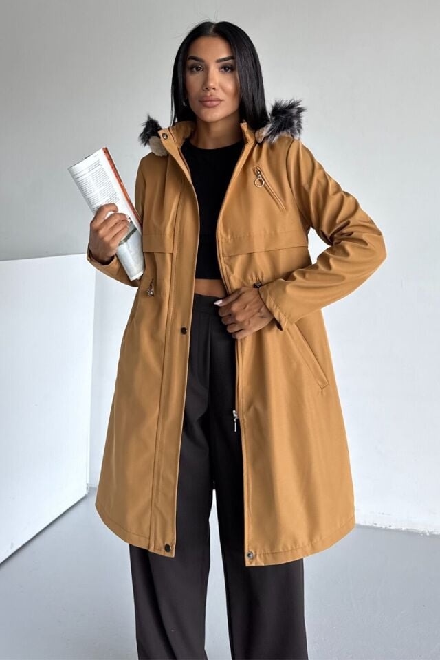 Bondit Kapüşonlu İçi Kürk Astarlı Fermuarlı Mont Taba KS2539 XS - Hardal