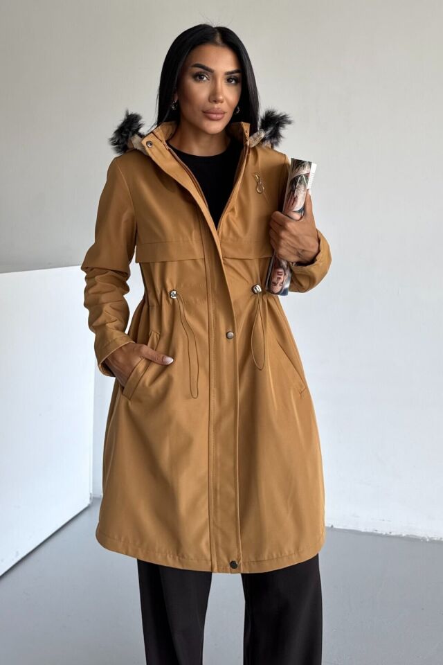 Bondit Kapüşonlu İçi Kürk Astarlı Fermuarlı Mont Taba KS2539 XS - Hardal