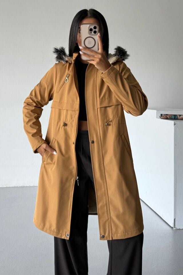 Bondit Kapüşonlu İçi Kürk Astarlı Fermuarlı Mont Taba KS2539 XS - Hardal