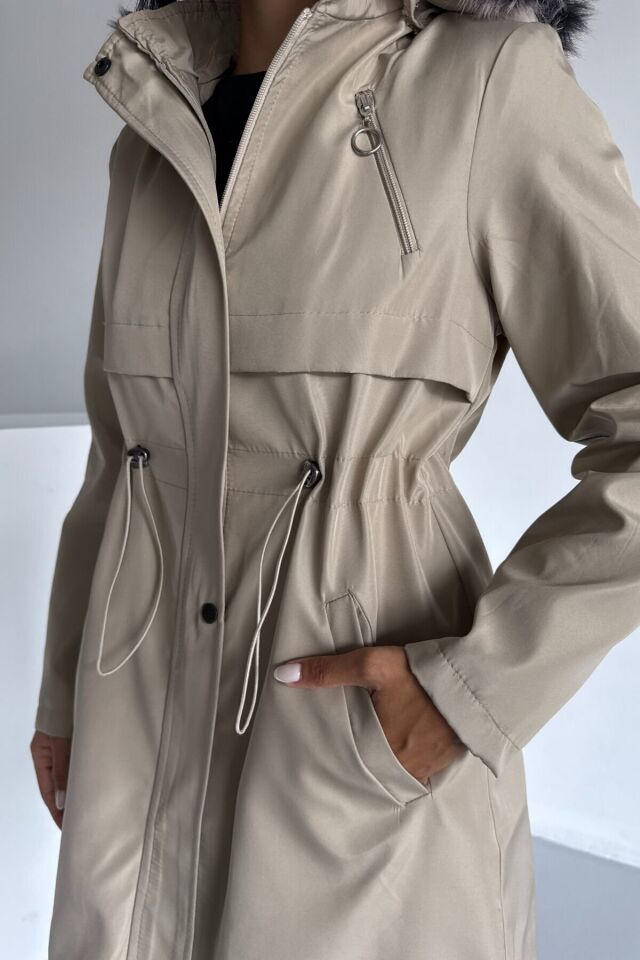 Bondit Kapüşonlu İçi Kürk Astarlı Fermuarlı Mont Taba KS2539 M - Bej