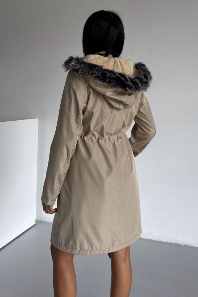 Bondit Kapüşonlu İçi Kürk Astarlı Fermuarlı Mont Taba KS2539 M - Bej