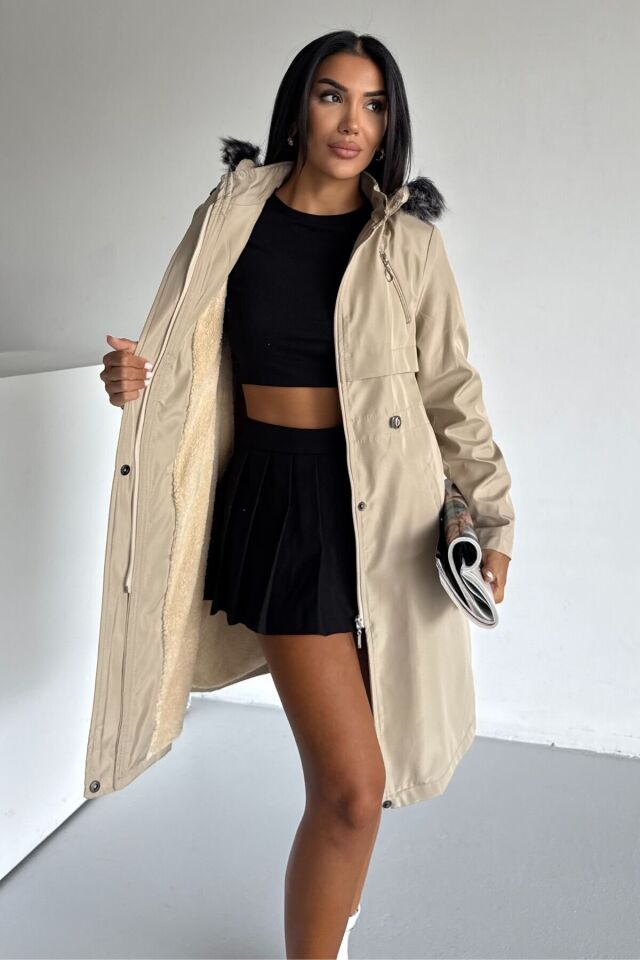 Bondit Kapüşonlu İçi Kürk Astarlı Fermuarlı Mont Taba KS2539 M - Bej