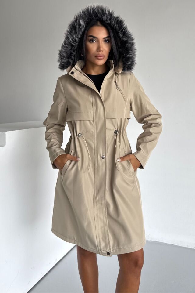 Bondit Kapüşonlu İçi Kürk Astarlı Fermuarlı Mont Taba KS2539 M - Bej