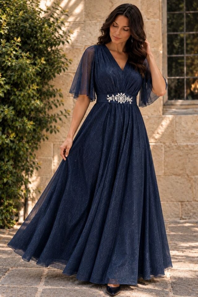 Kadın Büyük Beden Siyah Taş Kemer Detaylı Maxi Boy Abiye Elbise YZ2740 Koyu Lacivert - 54