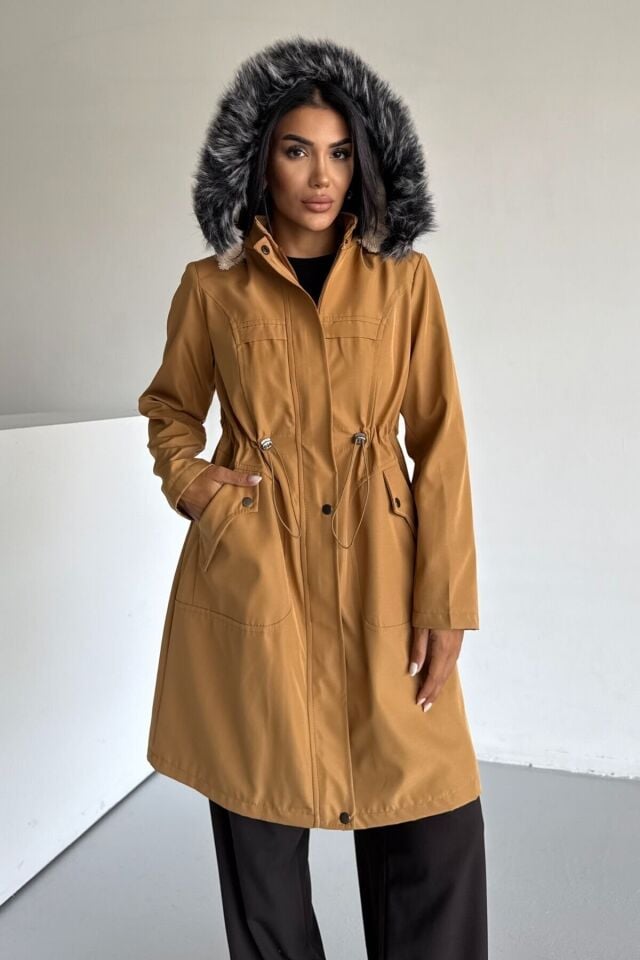 Bondit Kapüşonlu İçi Kürk Astarlı Cepli Mont Bej KS2540 XS - Hardal