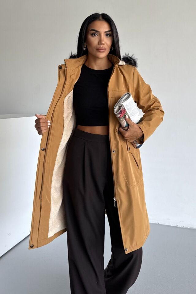 Bondit Kapüşonlu İçi Kürk Astarlı Cepli Mont Bej KS2540 XS - Hardal