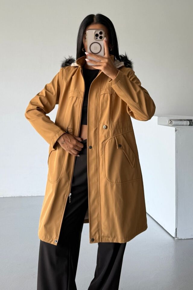 Bondit Kapüşonlu İçi Kürk Astarlı Cepli Mont Bej KS2540 XS - Hardal