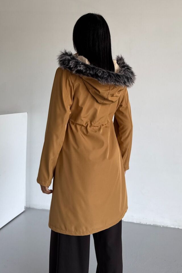 Bondit Kapüşonlu İçi Kürk Astarlı Cepli Mont Bej KS2540 XS - Hardal