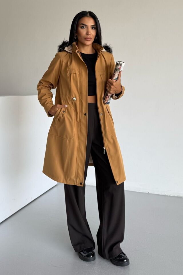 Bondit Kapüşonlu İçi Kürk Astarlı Cepli Mont Bej KS2540 XS - Hardal