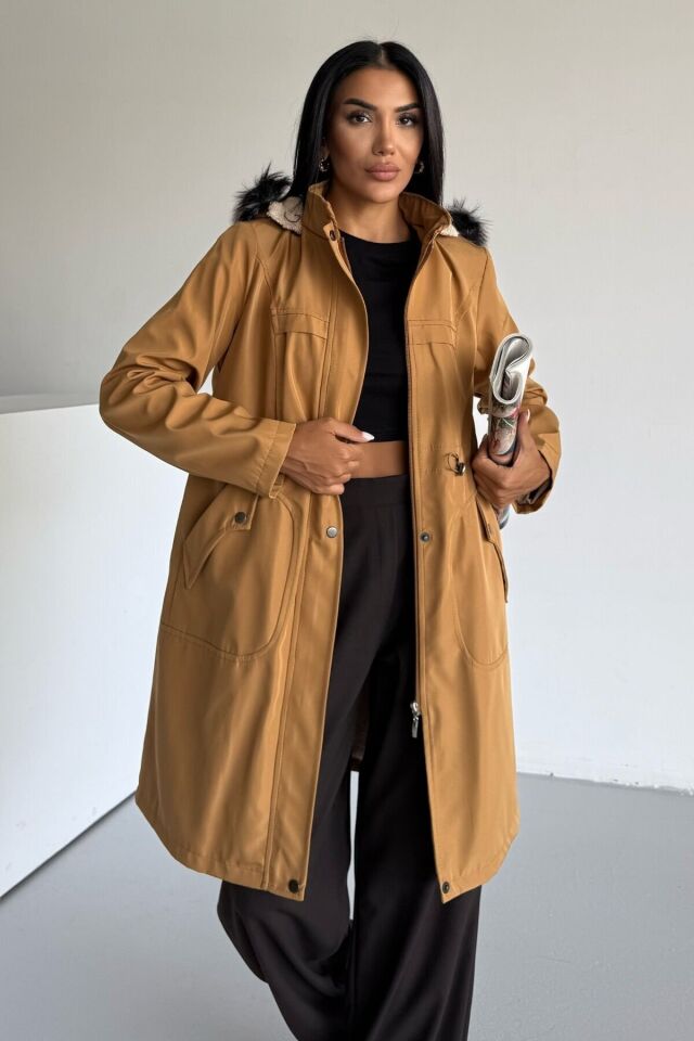 Bondit Kapüşonlu İçi Kürk Astarlı Cepli Mont Bej KS2540 XS - Hardal