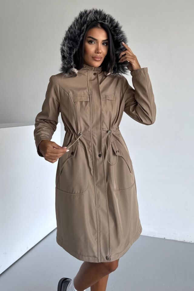 Bondit Kapüşonlu İçi Kürk Astarlı Cepli Mont Bej KS2540 L - Vizon