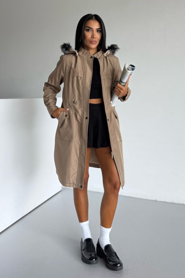 Bondit Kapüşonlu İçi Kürk Astarlı Cepli Mont Bej KS2540 L - Vizon