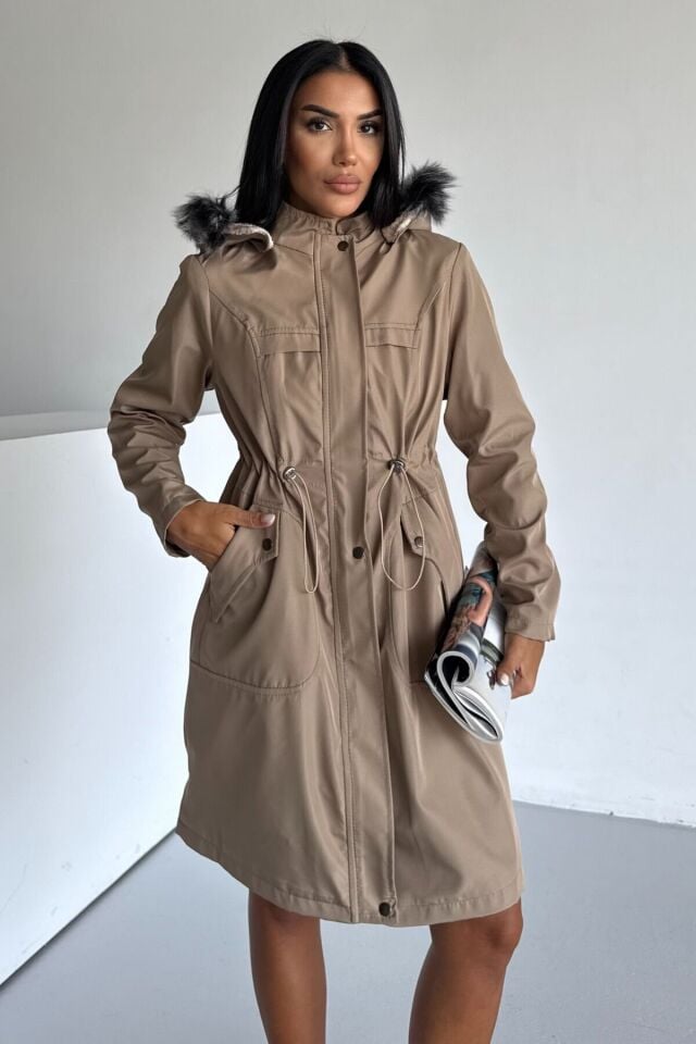 Bondit Kapüşonlu İçi Kürk Astarlı Cepli Mont Bej KS2540 L - Vizon