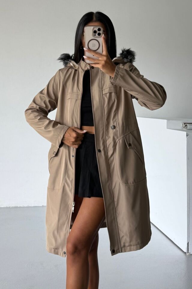 Bondit Kapüşonlu İçi Kürk Astarlı Cepli Mont Bej KS2540 L - Vizon