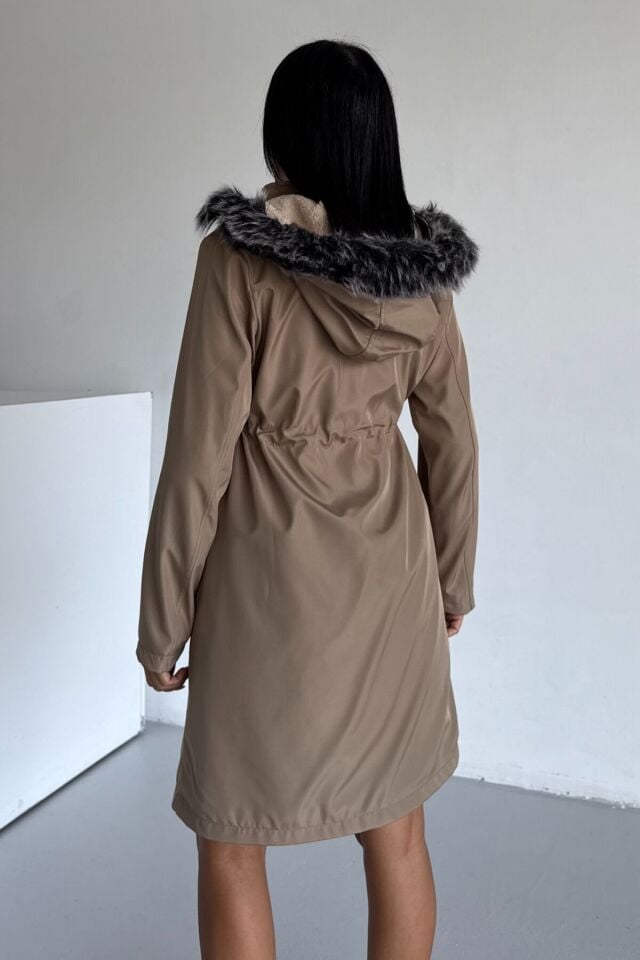 Bondit Kapüşonlu İçi Kürk Astarlı Cepli Mont Bej KS2540 L - Vizon