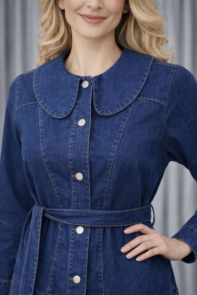 Kadın Düğme Detaylı Kuşaklı Denim Takım YZ2610 Mavi - 40