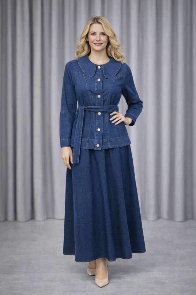 Kadın Düğme Detaylı Kuşaklı Denim Takım YZ2610 Mavi - 44