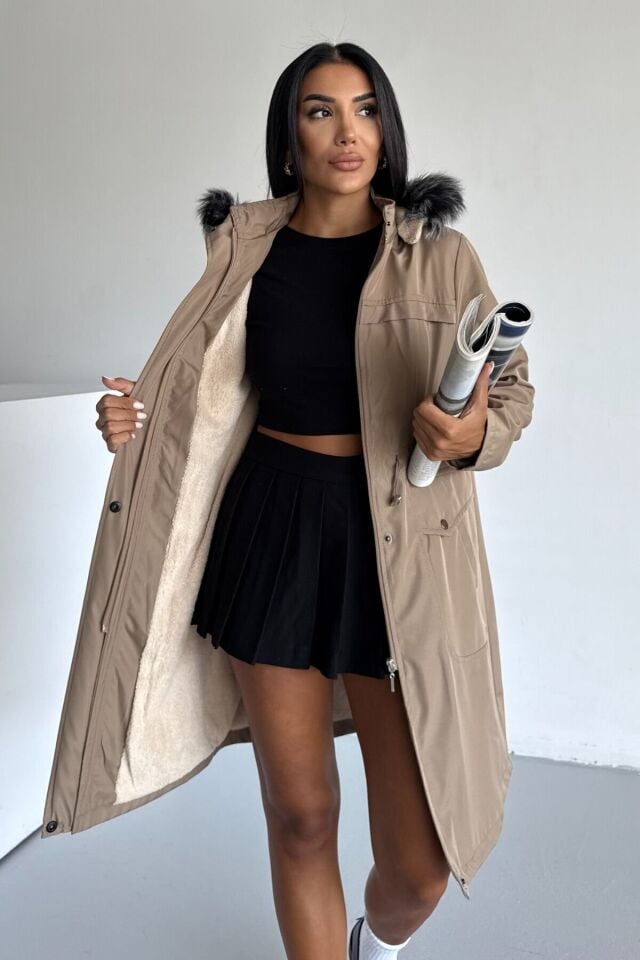 Kadın Bondit Kapüşonlu İçi Kürk Astarlı Velsoft Mont Vizon KS2541 S - Vizon