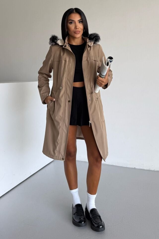 Kadın Bondit Kapüşonlu İçi Kürk Astarlı Velsoft Mont Vizon KS2541 S - Vizon