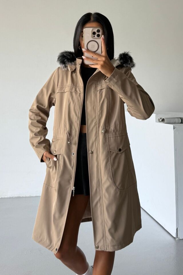 Kadın Bondit Kapüşonlu İçi Kürk Astarlı Velsoft Mont Vizon KS2541 S - Vizon