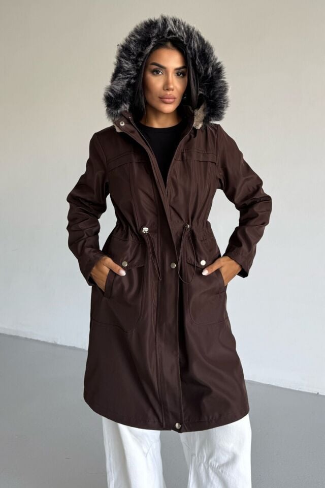 Kadın Bondit Kapüşonlu İçi Kürk Astarlı Velsoft Mont Vizon KS2541 L - Kahverengi