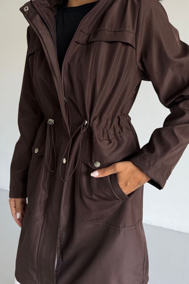 Kadın Bondit Kapüşonlu İçi Kürk Astarlı Velsoft Mont Vizon KS2541 L - Kahverengi