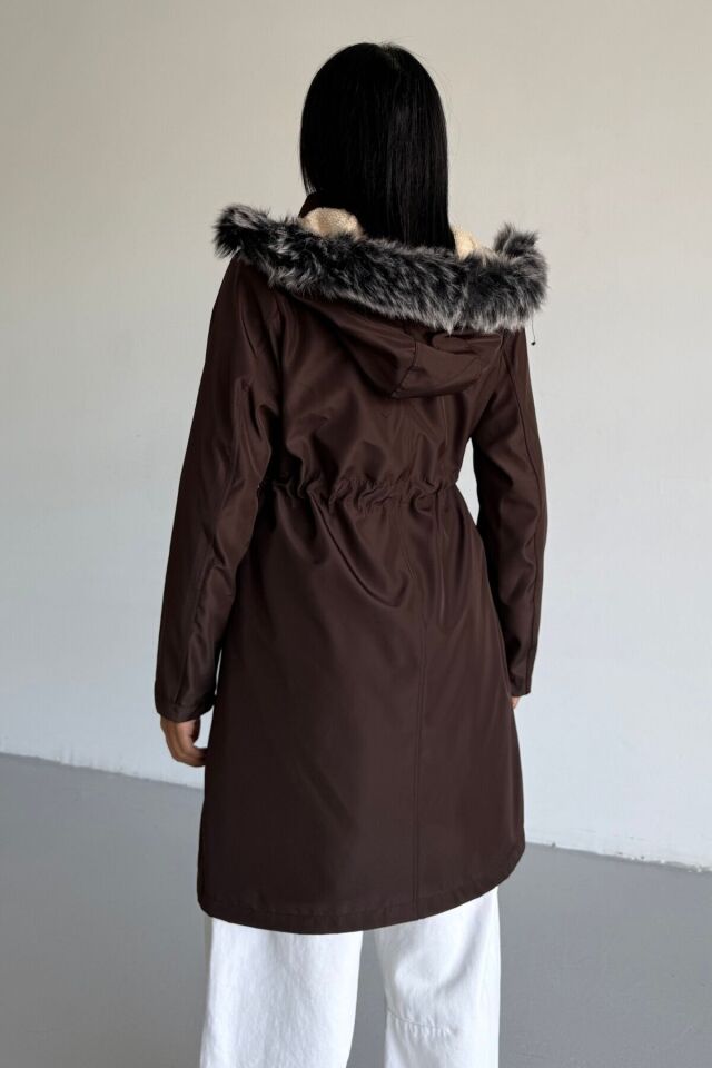 Kadın Bondit Kapüşonlu İçi Kürk Astarlı Velsoft Mont Vizon KS2541 L - Kahverengi