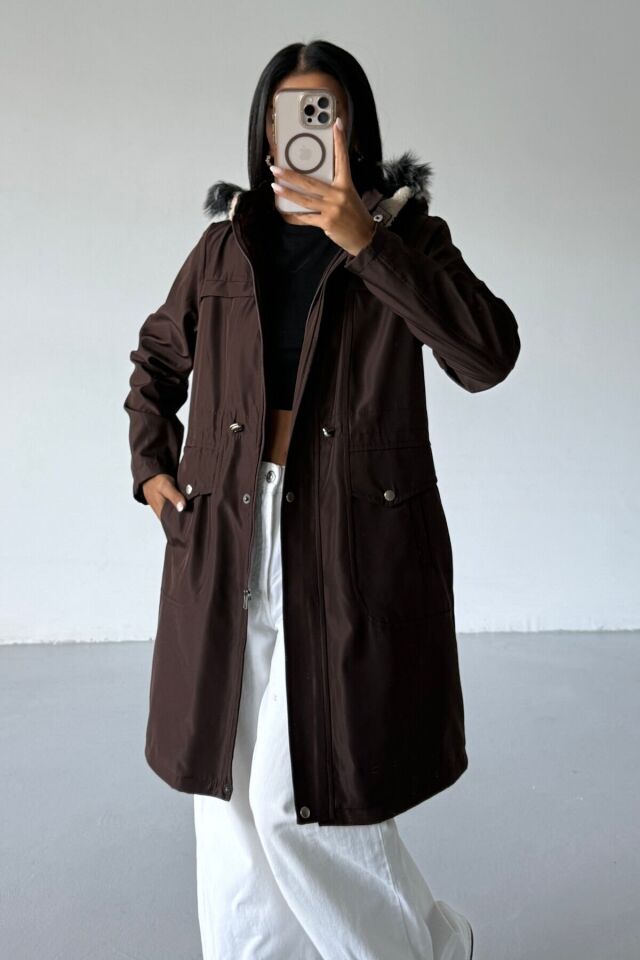 Kadın Bondit Kapüşonlu İçi Kürk Astarlı Velsoft Mont Vizon KS2541 L - Kahverengi