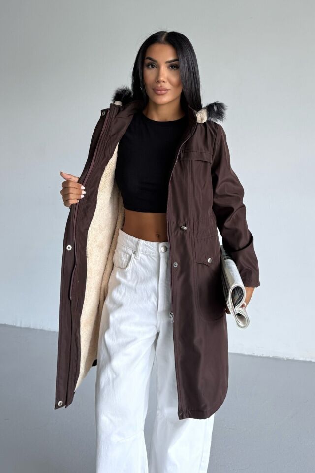 Kadın Bondit Kapüşonlu İçi Kürk Astarlı Velsoft Mont Vizon KS2541 L - Kahverengi