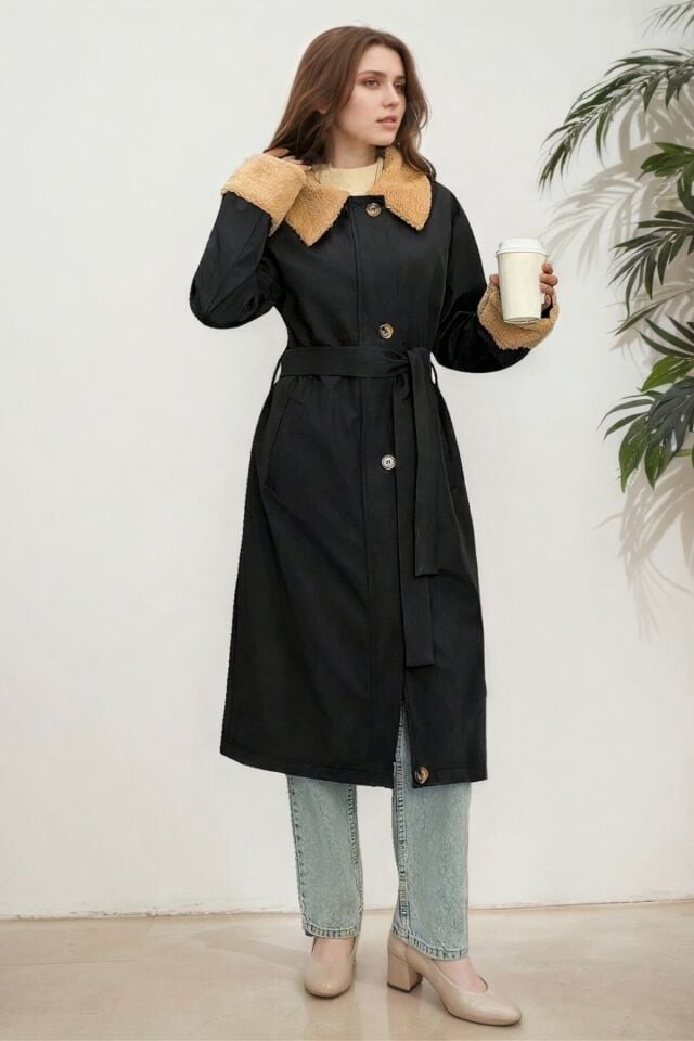 Kadın Yakası Kürklü Uzun Trençkot Lacivert KS2542 S - Koyu Lacivert