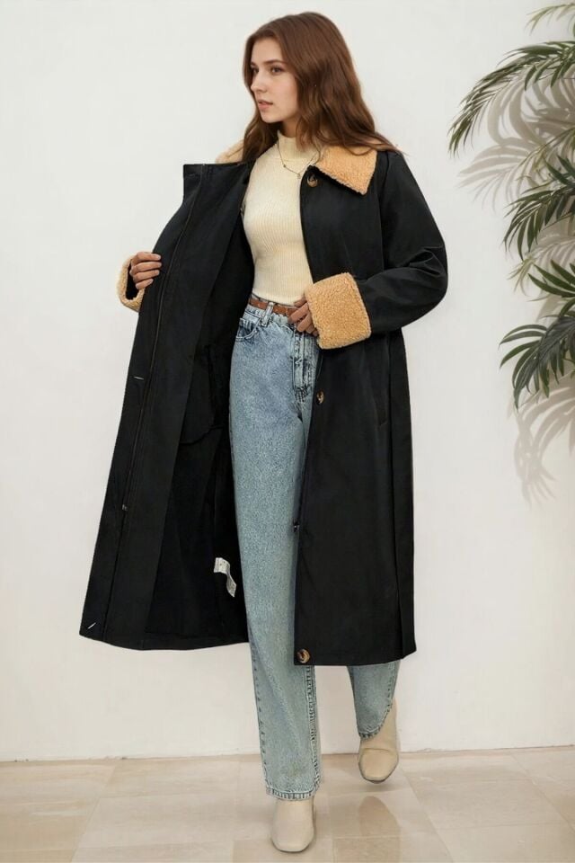 Kadın Yakası Kürklü Uzun Trençkot Lacivert KS2542 S - Koyu Lacivert