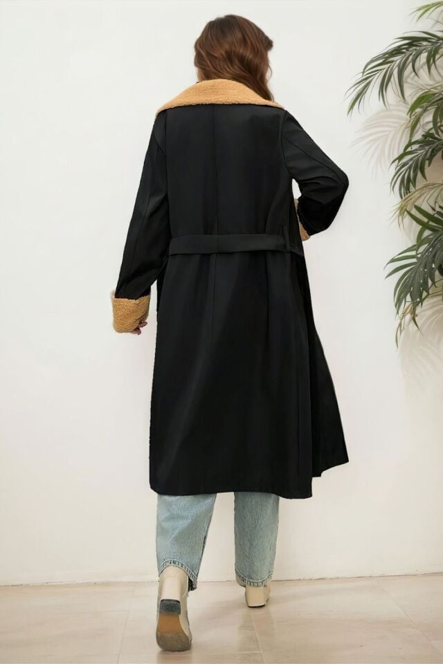 Kadın Yakası Kürklü Uzun Trençkot Lacivert KS2542 S - Koyu Lacivert