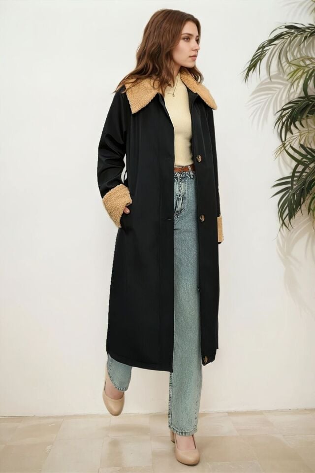 Kadın Yakası Kürklü Uzun Trençkot Lacivert KS2542 S - Koyu Lacivert