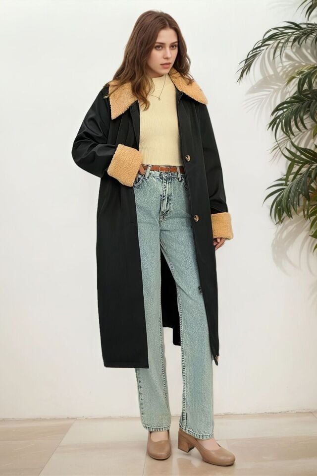 Kadın Yakası Kürklü Uzun Trençkot Lacivert KS2542 S - Koyu Lacivert