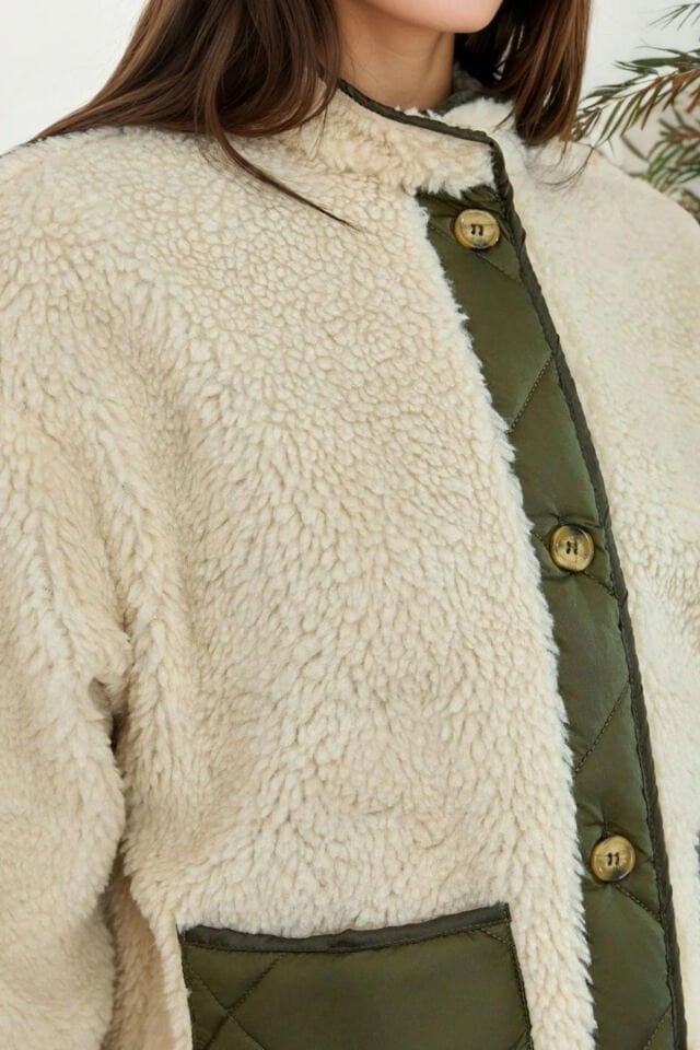 Kadın Peluş Kapitone Detaylı Düğmeli Mont Taş KS2545 42 - Taş