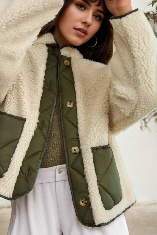 Kadın Peluş Kapitone Detaylı Düğmeli Mont Taş KS2545 42 - Taş