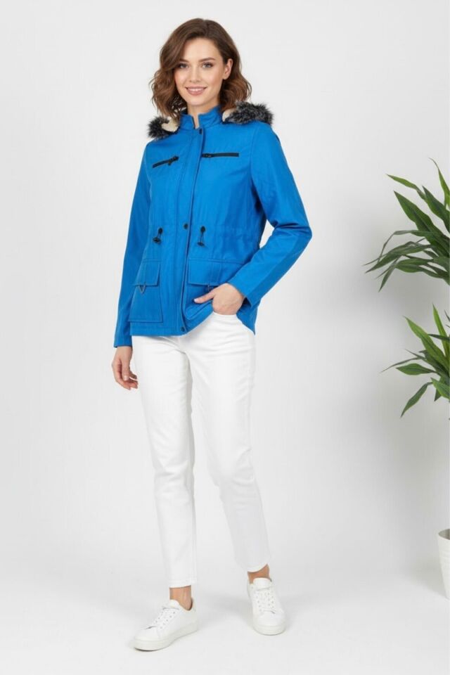 Kadın Kapüşonlu Astarlı Mont Mavi KS2547 40 - Mavi