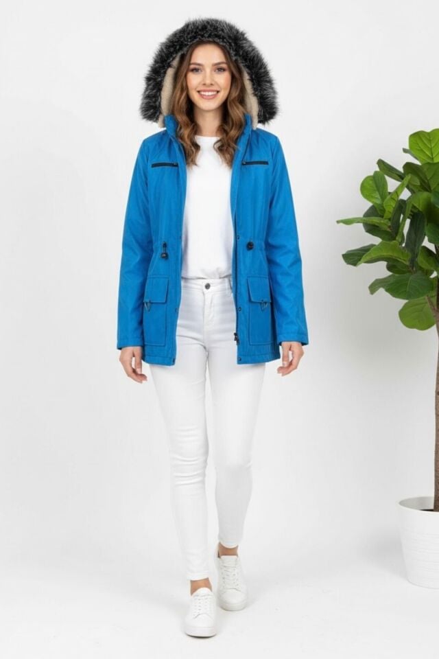 Kadın Kapüşonlu Astarlı Mont Mavi KS2547 44 - Mavi