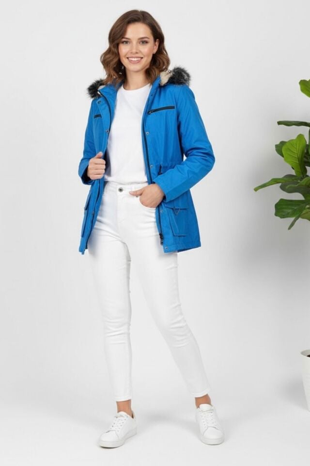 Kadın Kapüşonlu Astarlı Mont Mavi KS2547 44 - Mavi