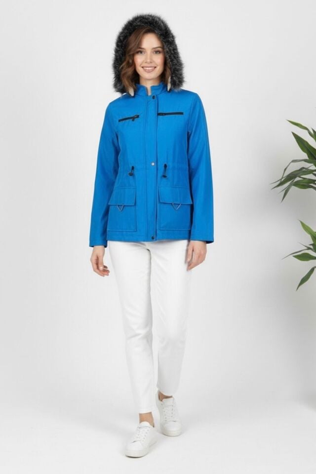 Kadın Kapüşonlu Astarlı Mont Mavi KS2547 44 - Mavi