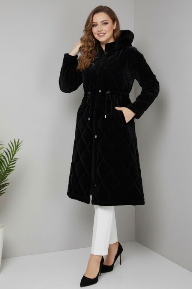 Kadın Yeni Sezon Beli Bağcıklı Novam Kumaş Mont Siyah KS2549 42 - siyah