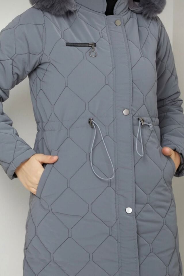 Kadın Yeni Sezon Beli Bağcıklı Novam Kumaş Mont Siyah KS2549 48 - Gri