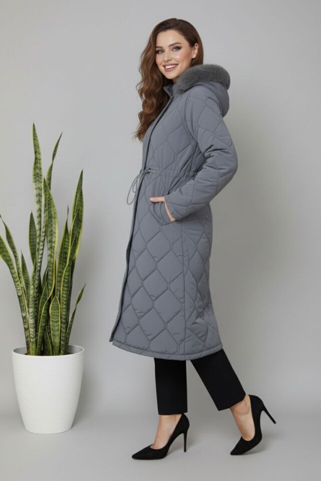 Kadın Yeni Sezon Beli Bağcıklı Novam Kumaş Mont Siyah KS2549 48 - Gri